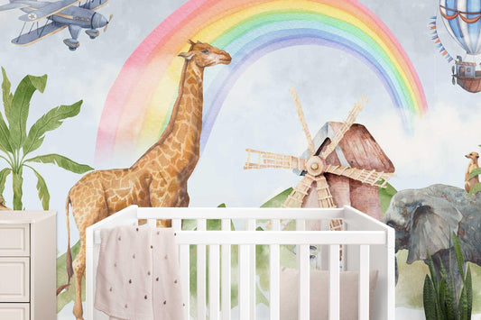 Tropical Animals Under Rainbow Kids Wallpaper, Watercolor Wallpaper Nursery, Giraffe Lion Elephant Child Wallpaper, Colourful Baby Wallpaper