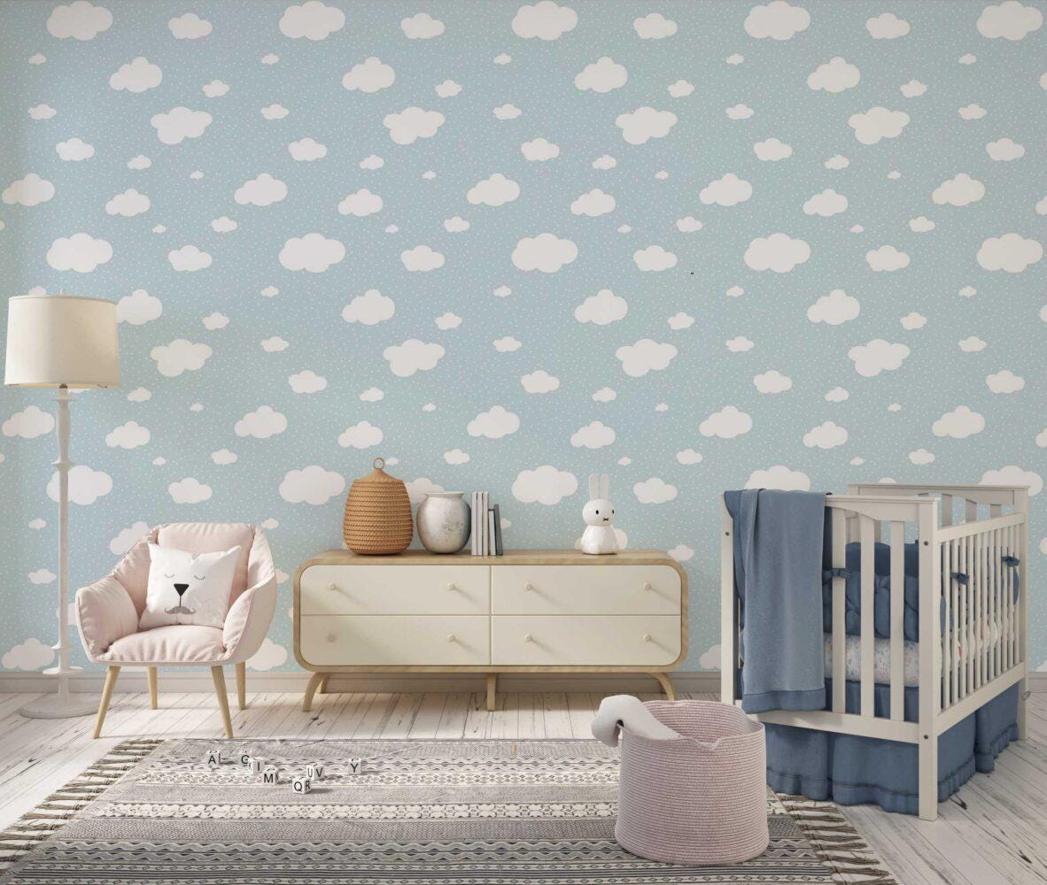 Tiny Clouds Wallpaper For Kidsroom, Watercolor Wallpaper Nursery, Blue Child Wallpaper, Illustration Sky Wallpaper, Baby Boy Wallpaper