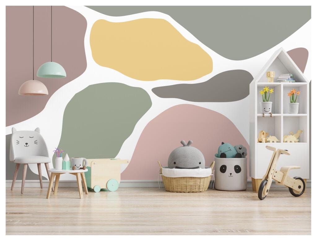 Color Patterned 3D Kid Wallpaper, Fun Kid Mural, Pastel Tones Illustration Wallpaper Nursery, Art Child Wallpaper, Colourful Baby Wallpaper