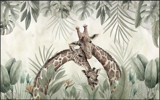 Giraffe Family Kids Wallpaper, Minimalist Safari Kids Wallpaper, Jungle Animals Wallpaper Nursery, Baby Wallpaper, Green Leaves Wallpaper