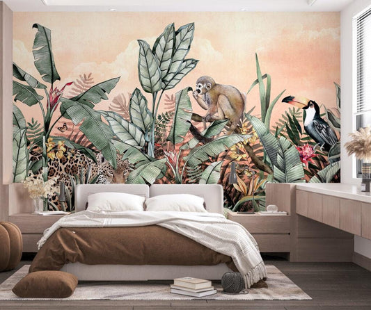 Tropical Pattern 3D Wallpaper with Monkeys, Exotic Plant Floral Wallpaper, Leaves Bohemian Wallpaper, Botany Mural, Bathroom Wallpaper
