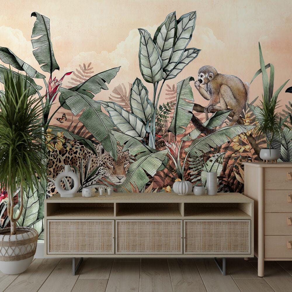 Tropical Pattern 3D Wallpaper with Monkeys, Exotic Plant Floral Wallpaper, Leaves Bohemian Wallpaper, Botany Mural, Bathroom Wallpaper