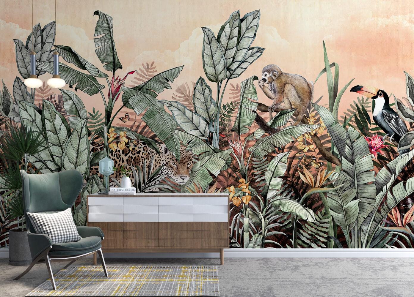 Tropical Pattern 3D Wallpaper with Monkeys, Exotic Plant Floral Wallpaper, Leaves Bohemian Wallpaper, Botany Mural, Bathroom Wallpaper
