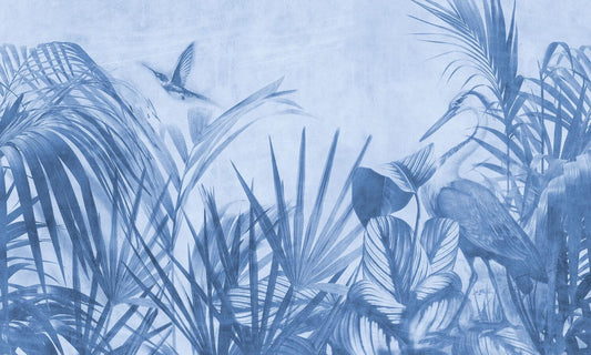 Blue Tone Tropical and Bird Wallpaper, 3D Wallpaper, Exotic Plant Floral Wallpaper, Palm Leaves Bohemian Wallpaper, Botany Wallpaper