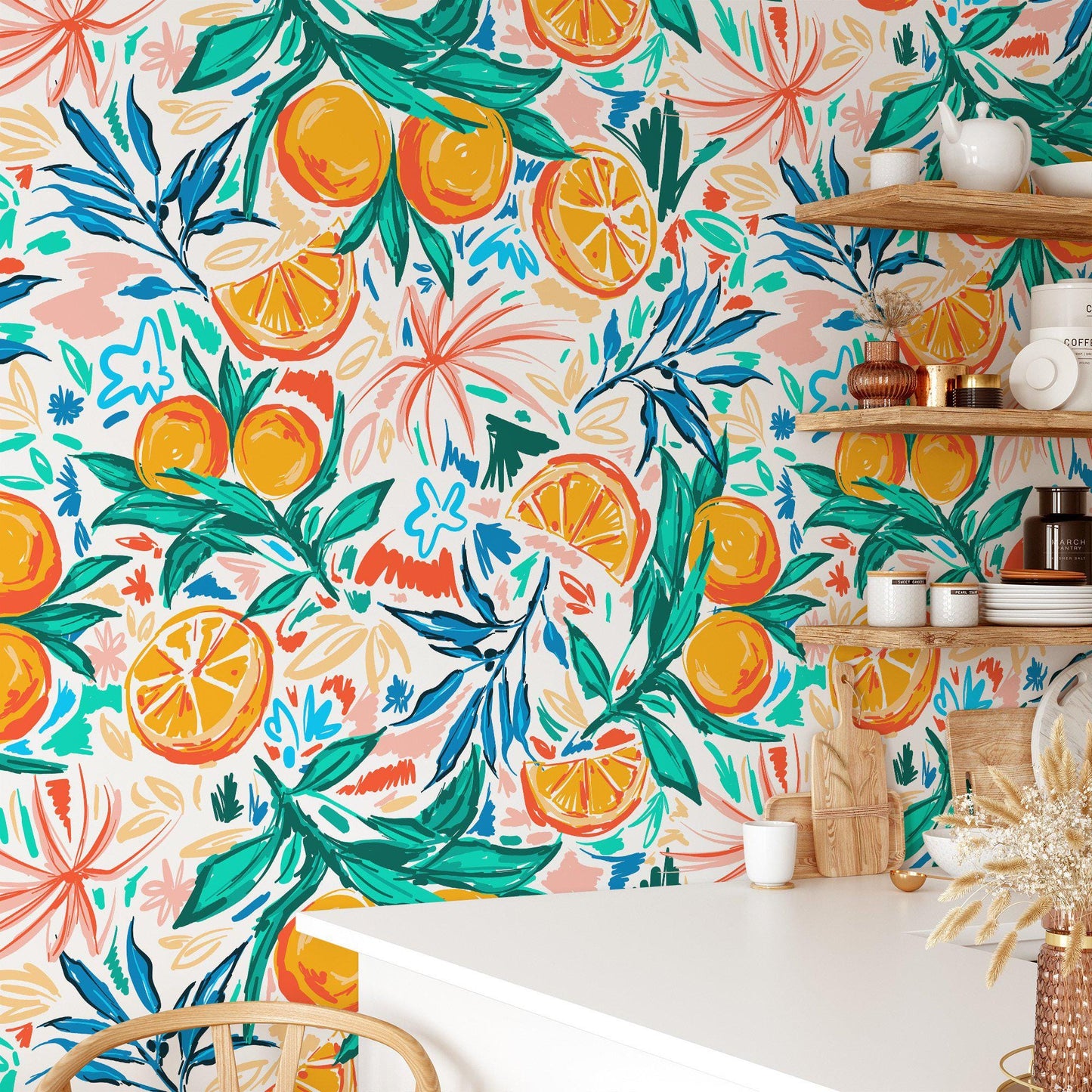 Orange and Tangerine Illustration Wallpaper, Citrus Fruit Floral Wallpaper, Romantic Kitchen Mural, Orchard Wallpaper, Orange Wallpaper