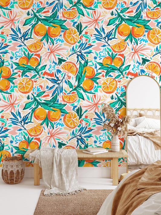 Orange and Tangerine Illustration Wallpaper, Citrus Fruit Floral Wallpaper, Romantic Kitchen Mural, Orchard Wallpaper, Orange Wallpaper