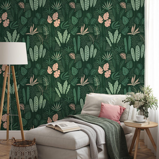 Plain Abstract Green Leaves and Branches Wallpaper, Stylish Tropical Leaf Wallpaper, Illustration Botanical Garden Plants Flower Wallpaper