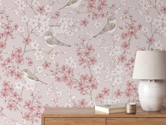 Pastel Pink Floral Bird Wallpaper, Cherry Blossoms and Birds Wall Poster, Elegance Nature Wallpaper with Flowers, Vintage Romantic Wallpaper