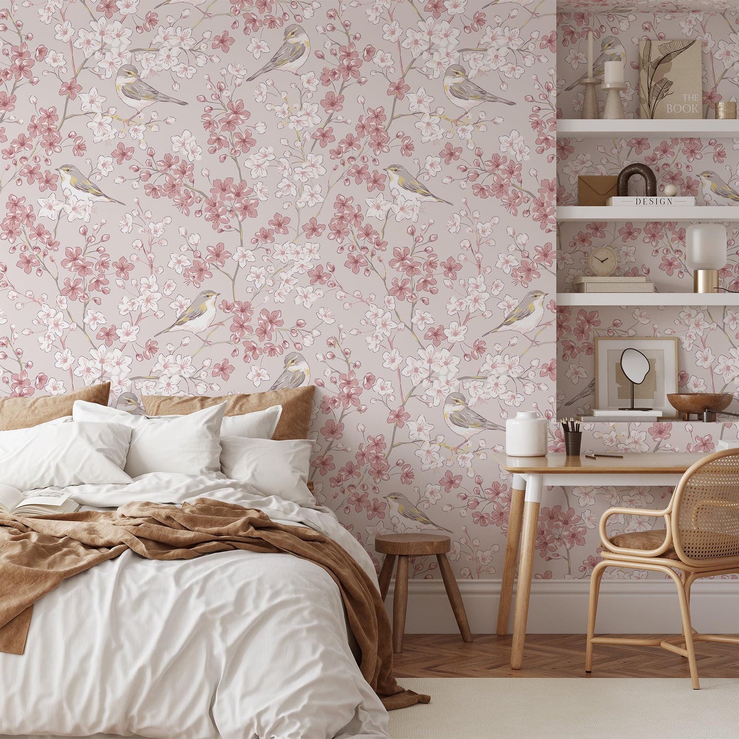 Pastel Pink Floral Bird Wallpaper, Cherry Blossoms and Birds Wall Poster, Elegance Nature Wallpaper with Flowers, Vintage Romantic Wallpaper
