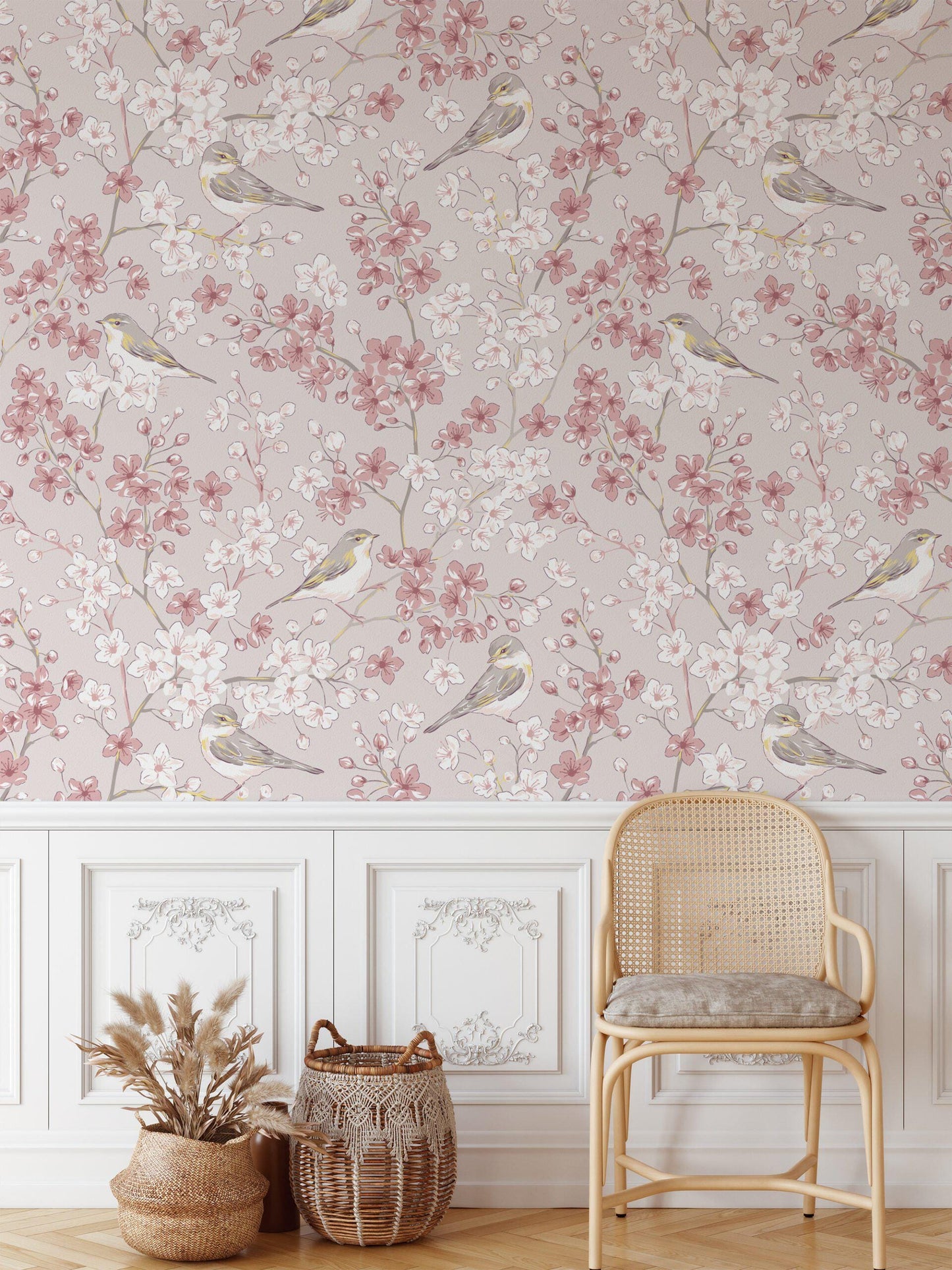 Pastel Pink Floral Bird Wallpaper, Cherry Blossoms and Birds Wall Poster, Elegance Nature Wallpaper with Flowers, Vintage Romantic Wallpaper
