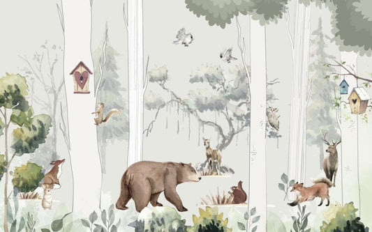 Forest Animals 3D Wallpaper for Kids Room, Bear Squirrel Deer Child Wallpaper, Wallpaper Nursery, Trees Kids Wallpaper, Watercolor Wallpaper