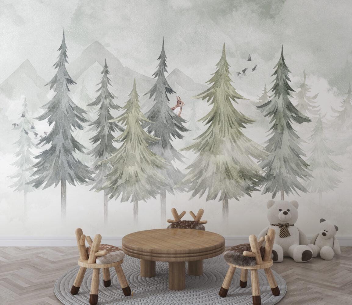 Green Pine Forest Kids Wallpaper in Soft Tones, Watercolor Nature Wallpaper For Kidsroom, Trees Wallpaper Nursery, Squirrel Baby Wallpaper