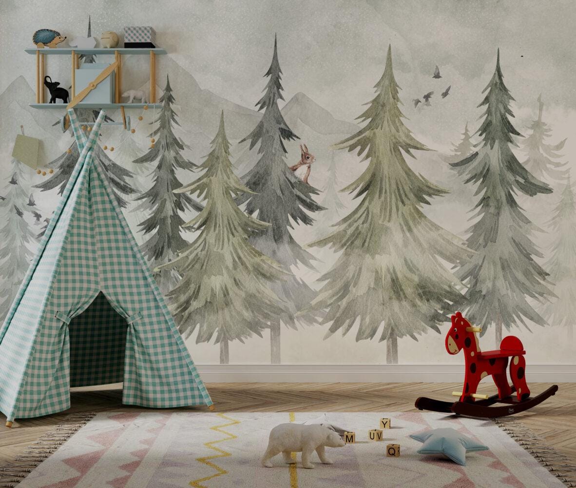 Green Pine Forest Kids Wallpaper in Soft Tones, Watercolor Nature Wallpaper For Kidsroom, Trees Wallpaper Nursery, Squirrel Baby Wallpaper