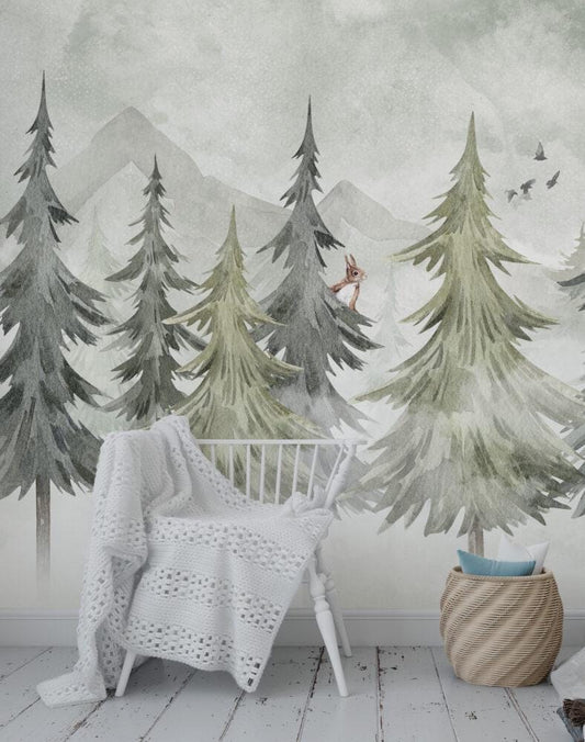 Green Pine Forest Kids Wallpaper in Soft Tones, Watercolor Nature Wallpaper For Kidsroom, Trees Wallpaper Nursery, Squirrel Baby Wallpaper