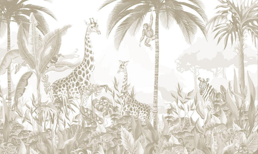 Animals and Tropical Tree in the Bright Tone Jungle Wallpaper, Illustration Safari Kids Wallpaper, Giraffe Wallpaper Nursery, Baby Wallpaper