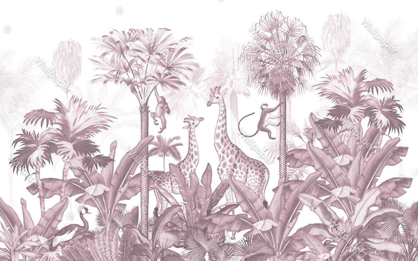 Animals and Tropical Tree in the Pink Tone Jungle Wallpaper, Illustration Safari Kids Wallpaper, Giraffe Wallpaper Nursery, Baby Wallpaper