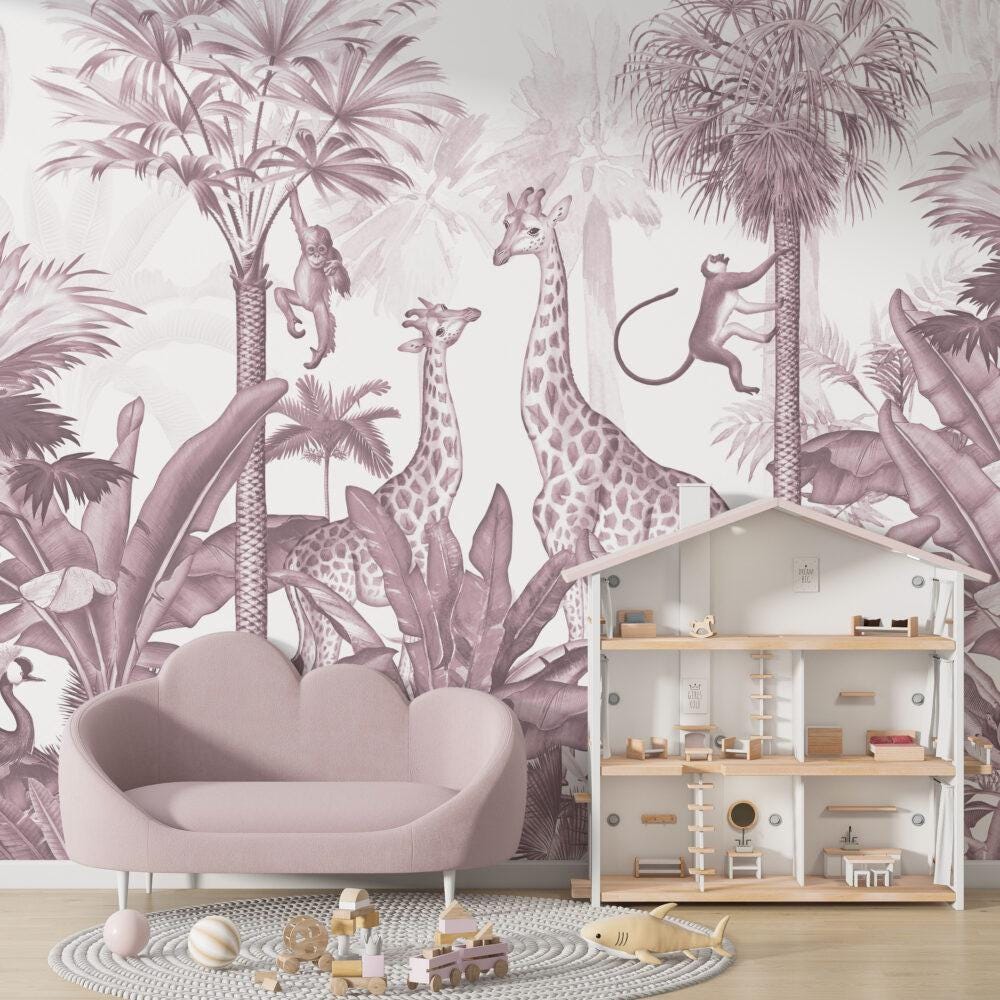 Animals and Tropical Tree in the Pink Tone Jungle Wallpaper, Illustration Safari Kids Wallpaper, Giraffe Wallpaper Nursery, Baby Wallpaper