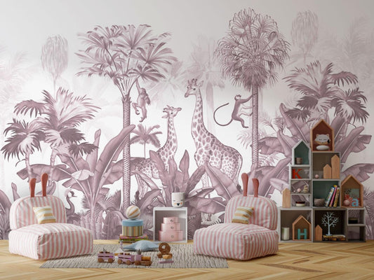 Animals and Tropical Tree in the Pink Tone Jungle Wallpaper, Illustration Safari Kids Wallpaper, Giraffe Wallpaper Nursery, Baby Wallpaper
