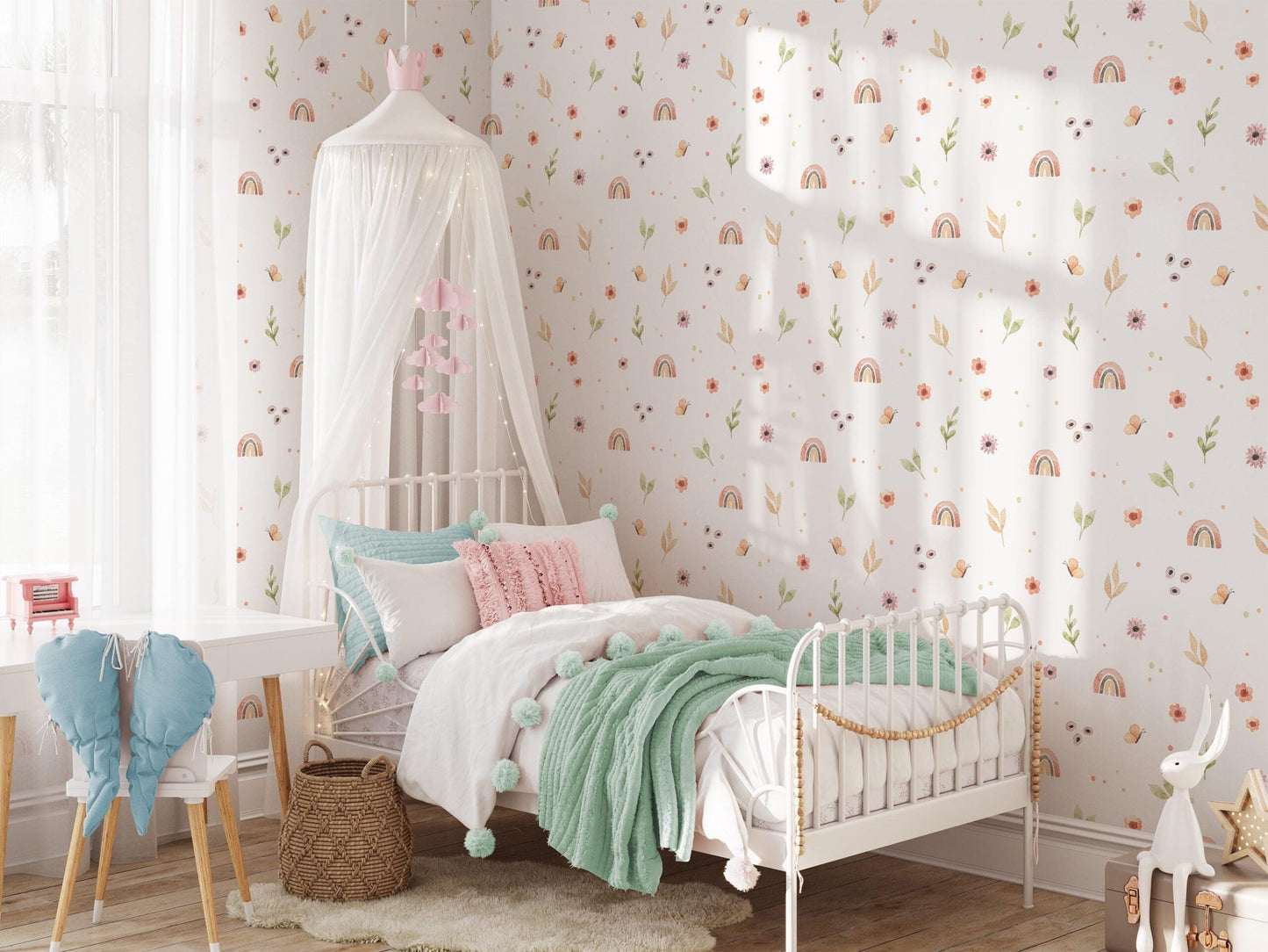 Colorful Minimal Flowers Girl Wallpaper, illustration Wallpaper Nursery, Peel Stick Watercolor Wallpaper, Rainbow Kids Wallpaper