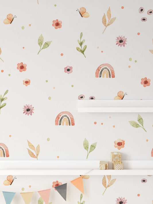 Colorful Minimal Flowers Girl Wallpaper, illustration Wallpaper Nursery, Peel Stick Watercolor Wallpaper, Rainbow Kids Wallpaper