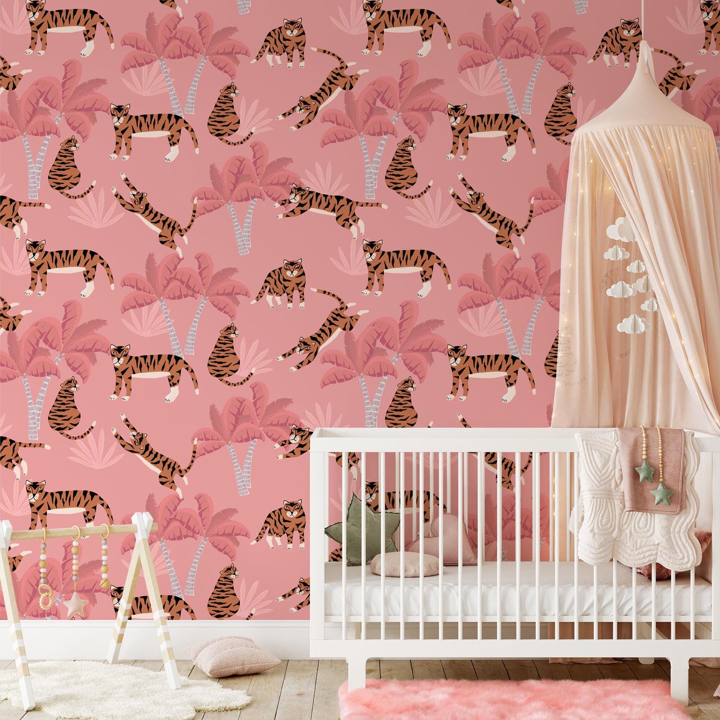 Flat Art Pink Tropical Trees and Tigers Wallpaper, Tropical 3D Wall Poster, Animal Themed Illustration Girl Wallpaper Nursery