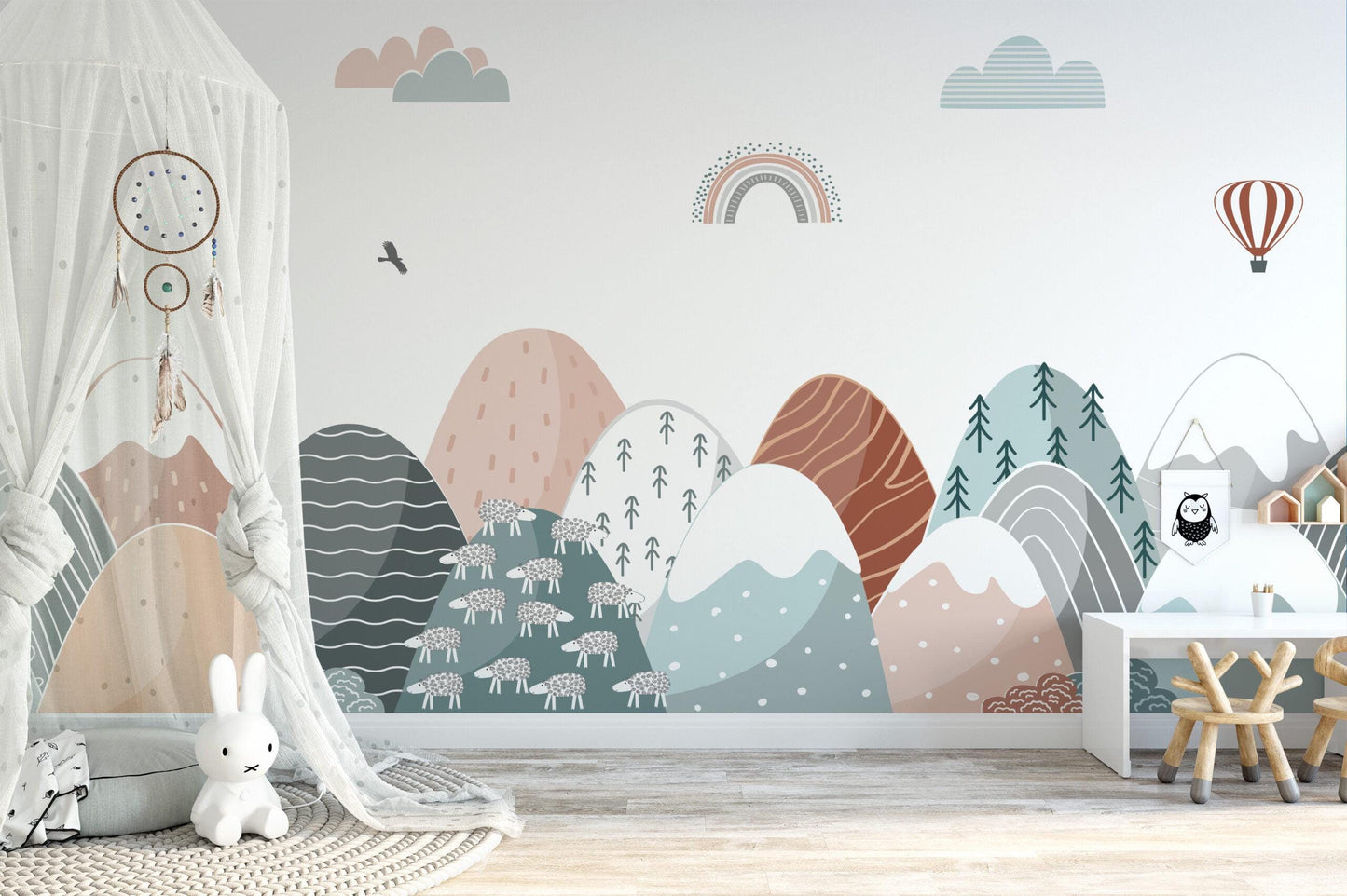 Modern Abstract Mountains Wallpaper, Colorful Mountain Geometric Pattern Kids Wallpaper, Boho Wallpaper, Peel & Stick Illustration Wallpaper