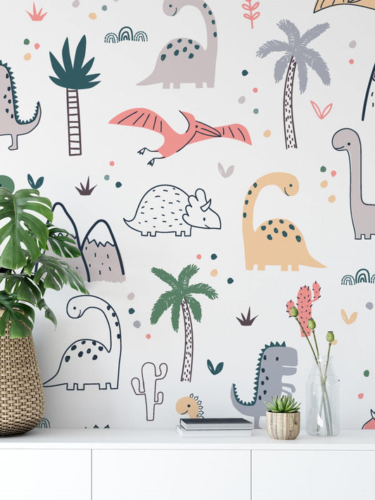 Doodle Dinosaur Drawings Wallpaper, Cute Drawing Dinosaur 3D Wall Poster, Kids Wallpaper, Cute Baby Room Sketch Wallpaper, Wallpaper Nursery