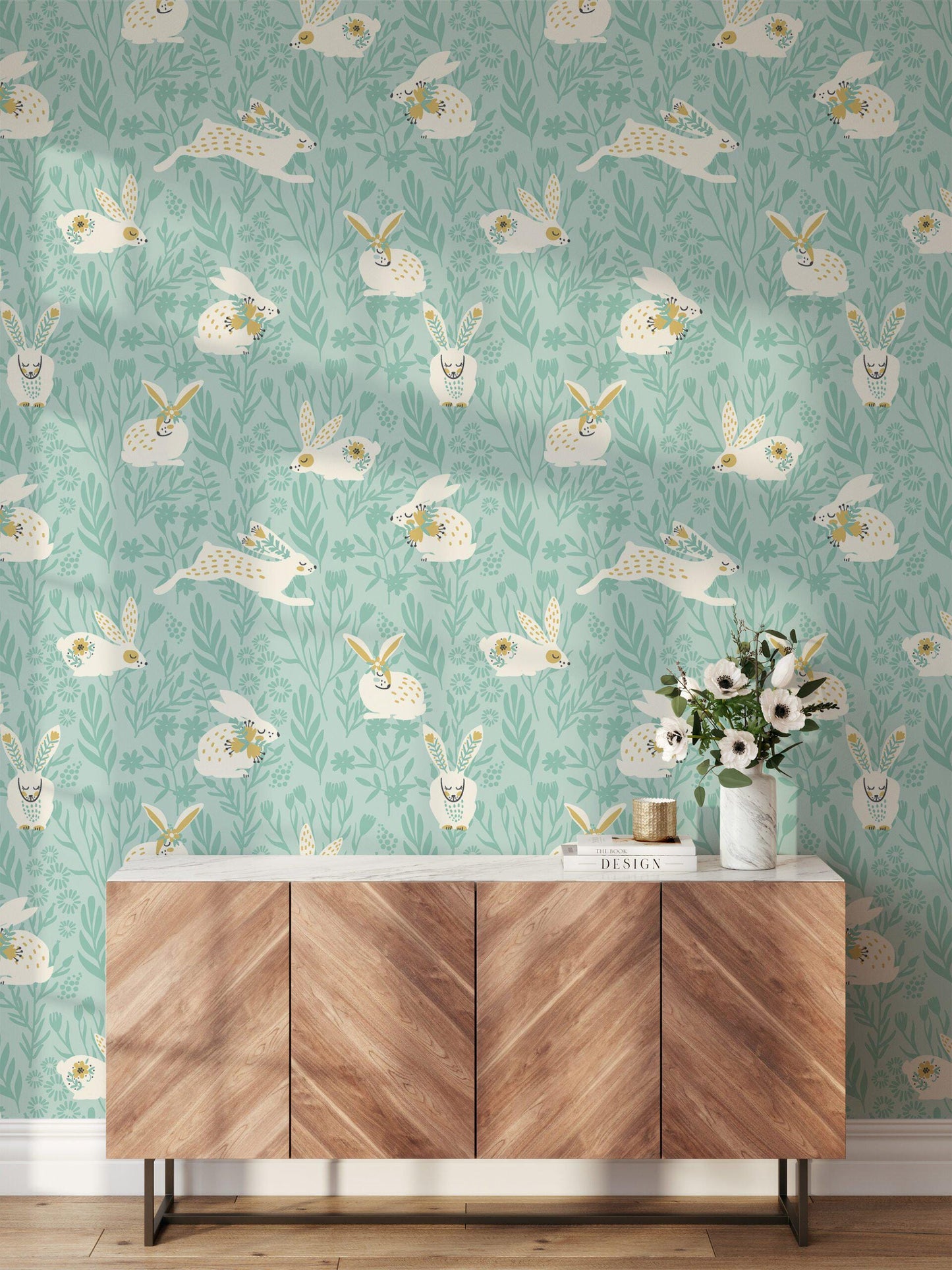 Cute Flat Art Easter Bunnies Kids Wallpaper, Soft Blue Wild Flower Wall Poster, Illustration Watercolor Wall Mural, Blue Wallpaper Nursery
