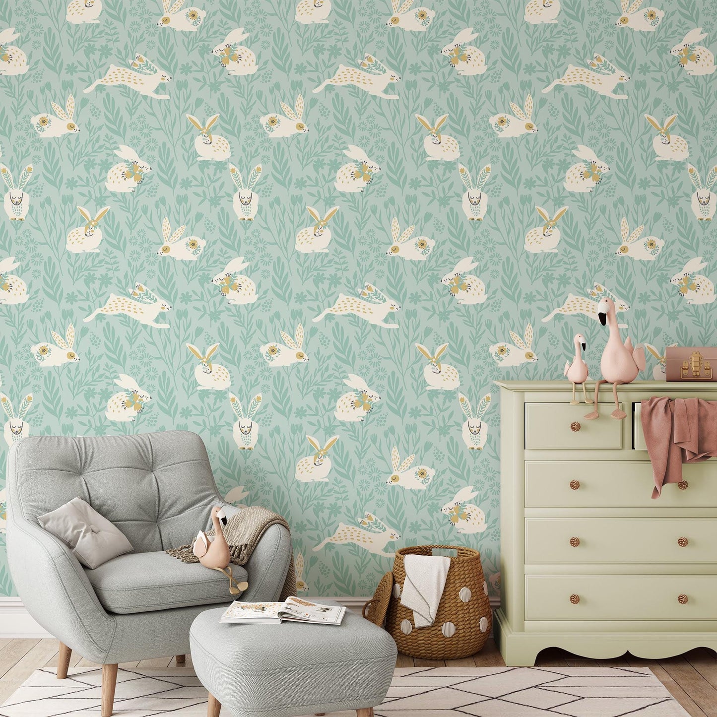 Cute Flat Art Easter Bunnies Kids Wallpaper, Soft Blue Wild Flower Wall Poster, Illustration Watercolor Wall Mural, Blue Wallpaper Nursery