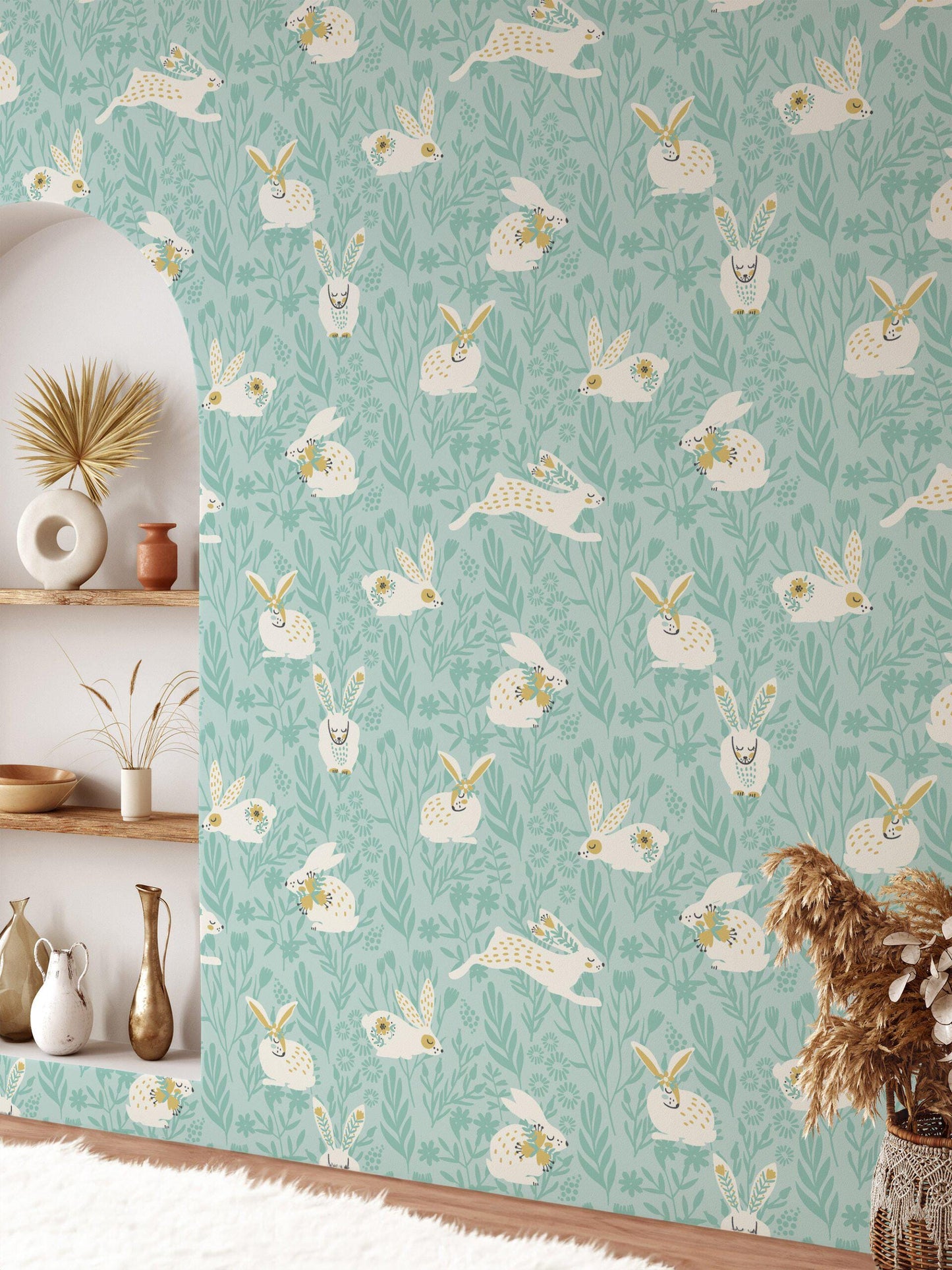 Cute Flat Art Easter Bunnies Kids Wallpaper, Soft Blue Wild Flower Wall Poster, Illustration Watercolor Wall Mural, Blue Wallpaper Nursery