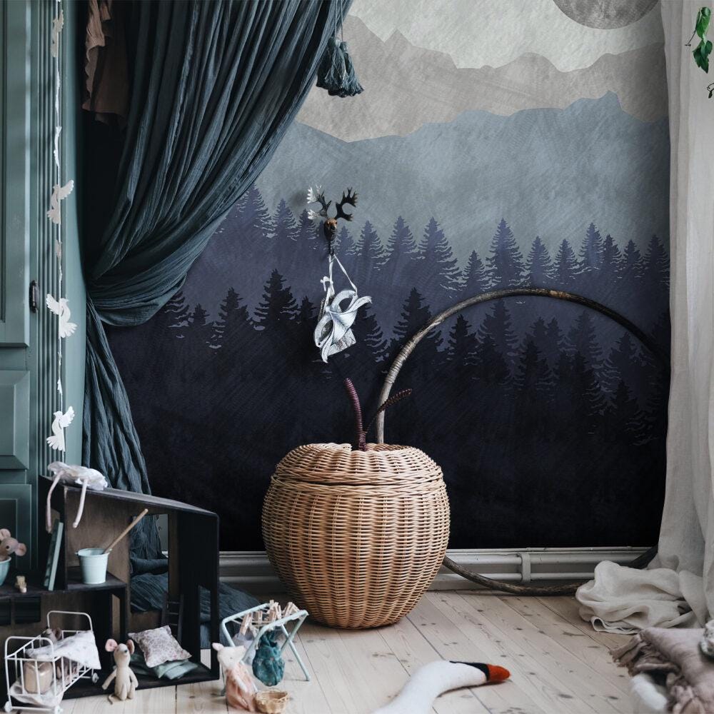 Moon and forest wallpaper in Blue Gray Tones, Pine Tree Shady Wallpaper, Illustration Mountain Wallpaper, Watercolor Wallpaper Nursery