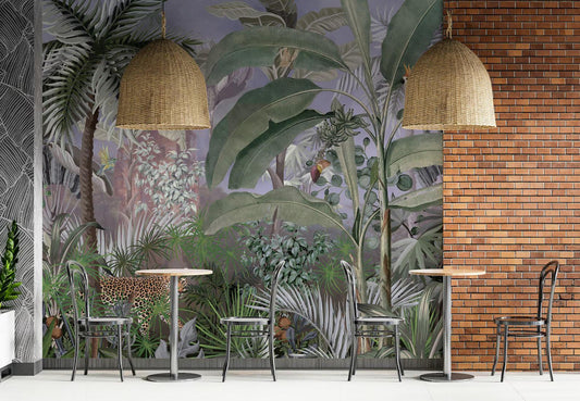 Leopard and Gray Tropical Forest Wallpaper, Wild Rainforest Wallpaper, Exotic Plant Floral Wallpaper, Palm Trees Bohemian Wallpaper