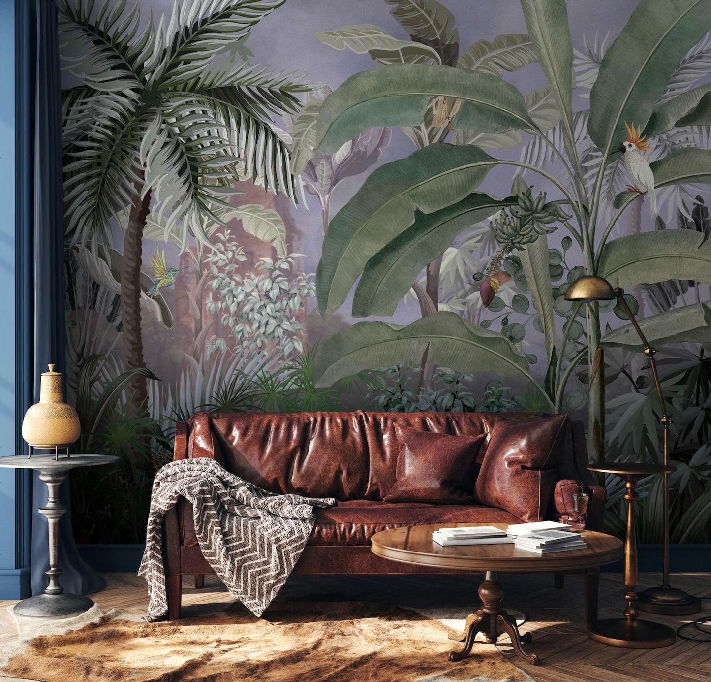 Leopard and Gray Tropical Forest Wallpaper, Wild Rainforest Wallpaper, Exotic Plant Floral Wallpaper, Palm Trees Bohemian Wallpaper