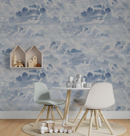 Blue Clouds Wallpaper For Kidsroom, Watercolor Wallpaper Nursery, Blue Child Wallpaper, Illustration Sky Wallpaper, Baby Boy Wallpaper