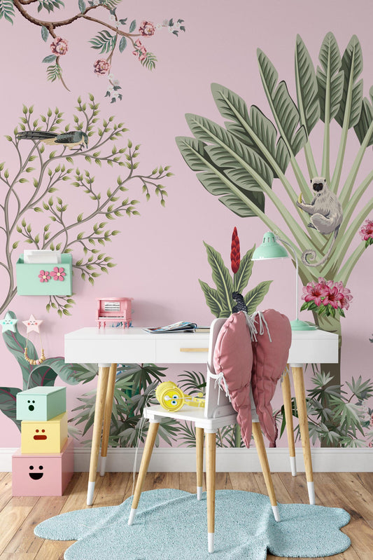 Pink Tropical Forest Kids Wallpaper, Cute Animal Wallpaper for Kidsroom, Pink Palm Trees Wallpaper, Jungle Wallpaper Nursery
