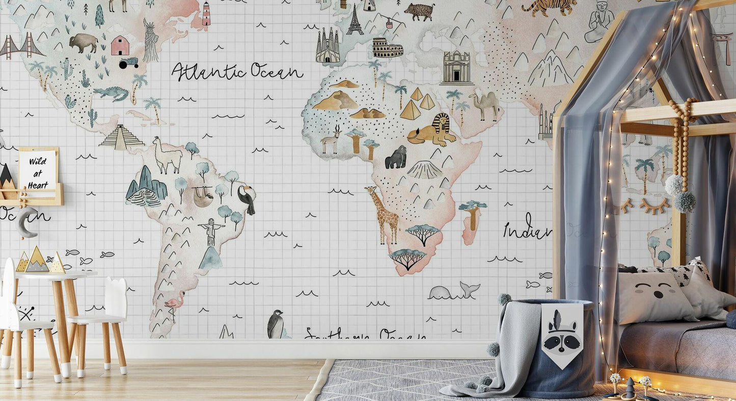 World Map Animal and Geographical Symbols Wallpaper For Kidsroom, Child Wallpaper , Peel and Stick Wall Mural Nursery, Cute Baby Wallpaper