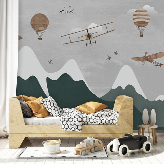 Illustration Snowy Green Mountain With Planes Kids Wallpaper, Green Child Wall Poster, Funny Baby Wallpaper, Colourful Watercolor Nursery
