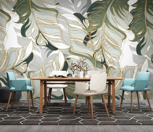 Green Leaves Wallpaper, Nature Illustration Wallpaper, Design Botany Mural, Peel and Stick Wallpaper, Stylish Tropical Drawwing Wallpaper