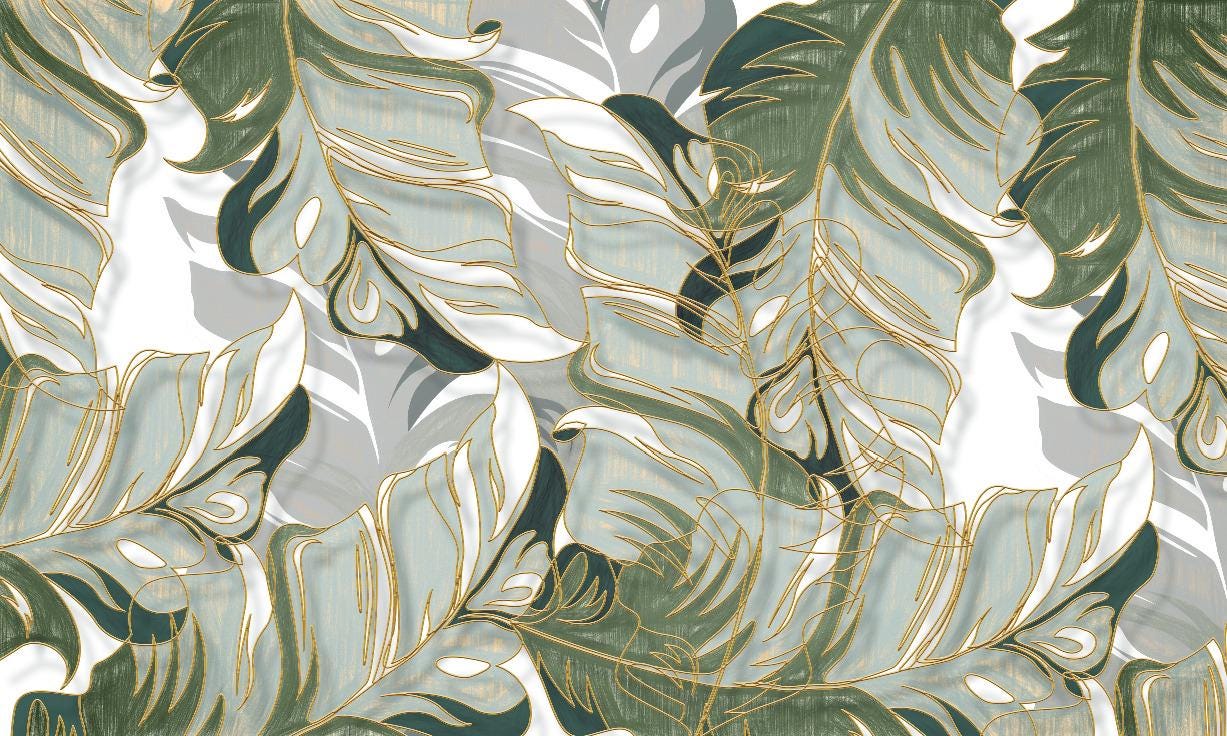 Green Leaves Wallpaper, Nature Illustration Wallpaper, Design Botany Mural, Peel and Stick Wallpaper, Stylish Tropical Drawwing Wallpaper