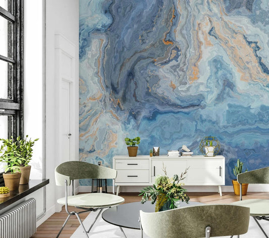 Blue Watered Marble Wallpaper, Abstract Marble Texture Cool Wall Mural, Stylish Wall Design, Modern Wallpaper, Blue Wallpaper