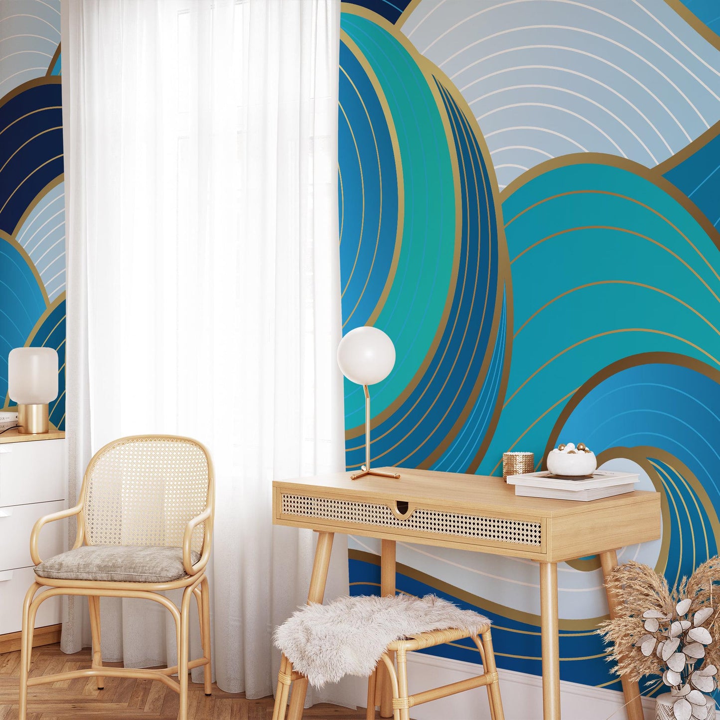 Large Abstract Waves Wallpaper with Blue Shades, Blue And Gold Waves 3D Bathroom Wallpaper, Stylish Modern Artistic Poster, Boho Wallpaper