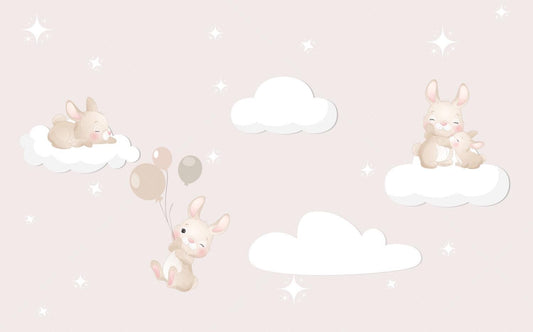 Rabbits Flying with Balloons in the Pink Sky Wallpaper, Cute Animals Wallpaper Nursery, Childrens Wallpaper , Pink Baby Girl Wallpaper