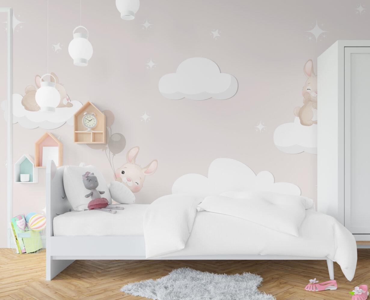 Rabbits Flying with Balloons in the Pink Sky Wallpaper, Cute Animals Wallpaper Nursery, Childrens Wallpaper , Pink Baby Girl Wallpaper