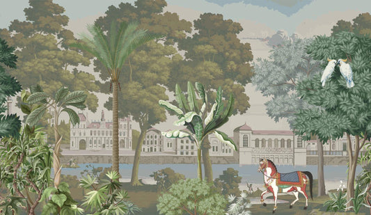 Palace Garden And Mansions Wallpaper, Bohemian Wallpaper, Vintage City Wallpaper, Historical Buildings Wallpaper, Nostalgic Horses Wallpaper