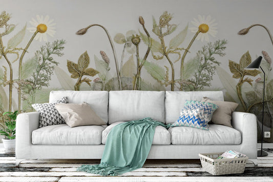 Elegant Tall Stem Plants Wallpaper, Drawwing Flowers Wallpaper, Illustration Wallpaper, Watercolor Floral Wallpaper, Bohemian Mural