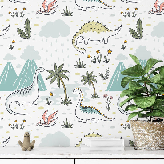Dinosaur Drawings with Flowers Kids Wallpaper, Drawing Cute Dinosaur 3D Wall Poster, Kids Wallpaper, Sketch Baby Wallpaper,Wallpaper Nursery