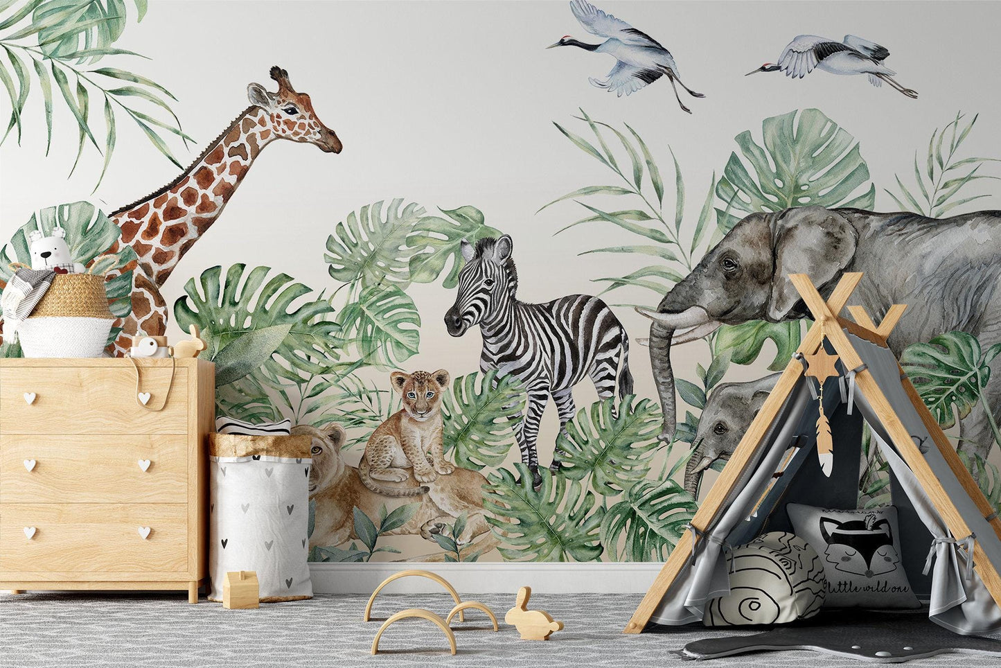 Wildlife Animals Kids Wallpaper, Elephant Giraffe Zebra Wallpaper for Kidsroom, Safari Child Wallpaper, Tropical Jungle Wallpaper Nursery