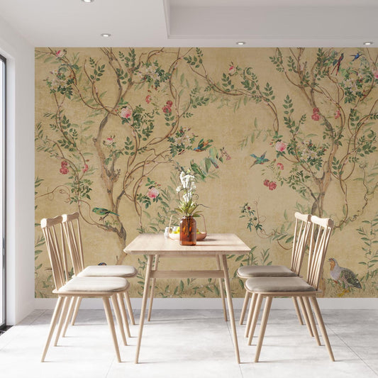 Elegant Bird and Flowers Wallpaper Yellow Beige, Spring Floral Wallpaper, Vintage Wallpaper, Romantic Mural, Bloom Wallpaper