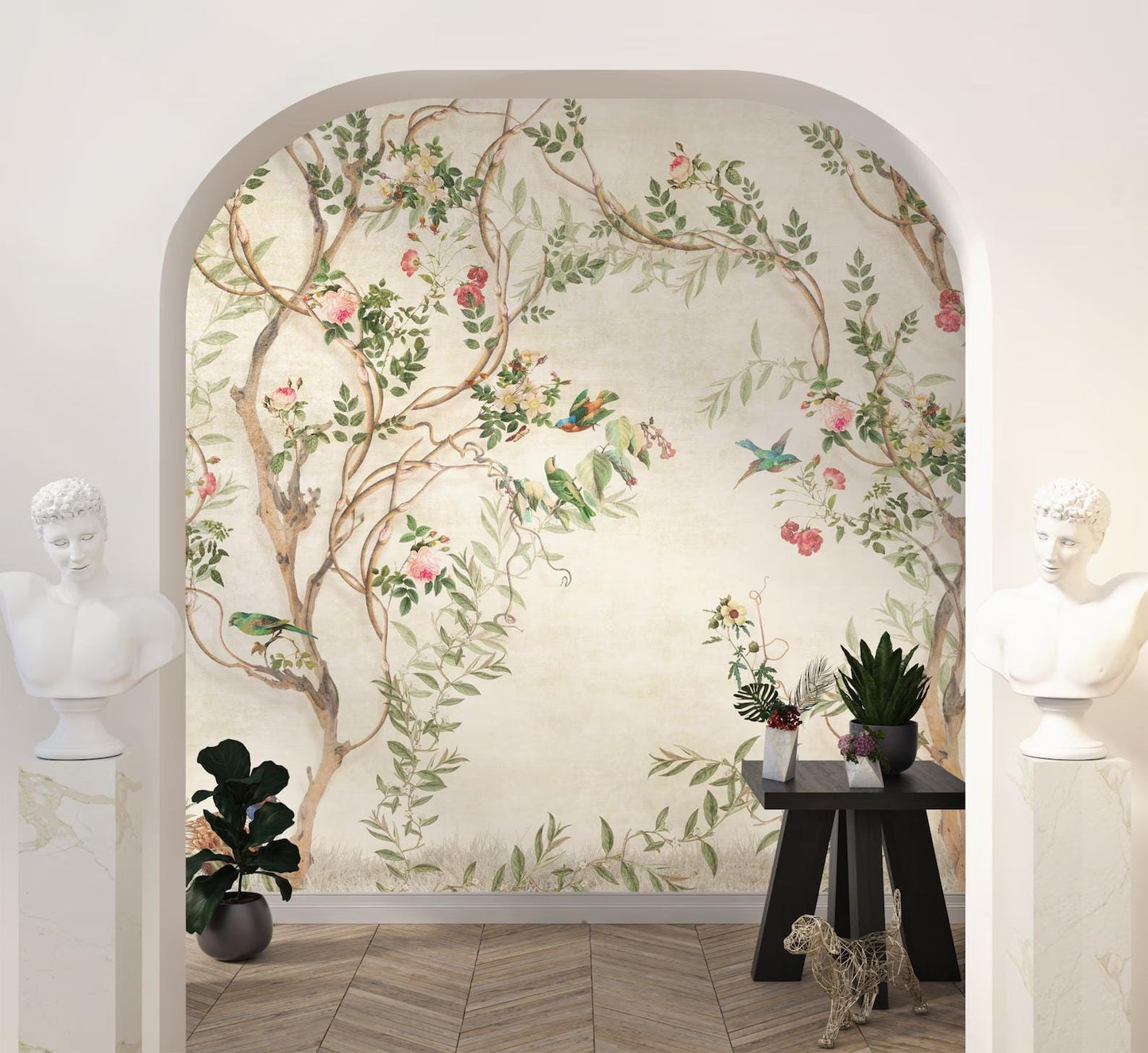 Elegant Bird and Flowers Wallpaper Bright Beige, Spring Floral Wallpaper, Vintage Wallpaper, Romantic Mural, Beige Wallpaper