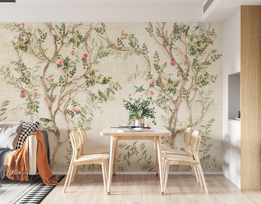 Elegant Bird and Flowers Wallpaper Bright Beige, Spring Floral Wallpaper, Vintage Wallpaper, Romantic Mural, Beige Wallpaper